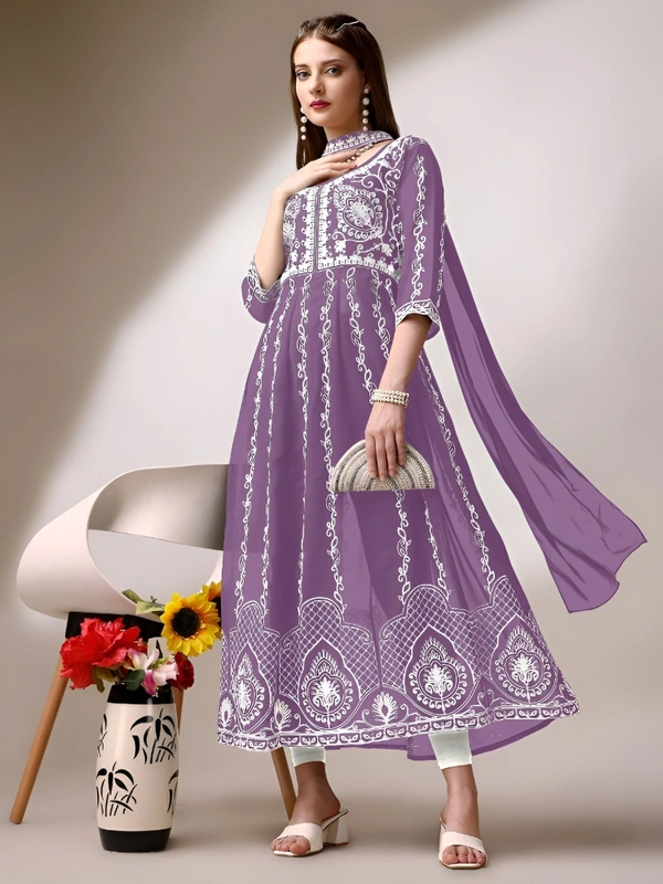 99 Fashion Bazaar Women's Chikankari Kurta with Dupatta Set - Wisteria, XL