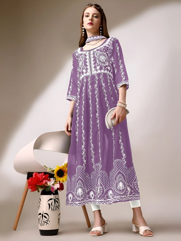 99 Fashion Bazaar Women's Chikankari Kurta with Dupatta Set - Wisteria, XL