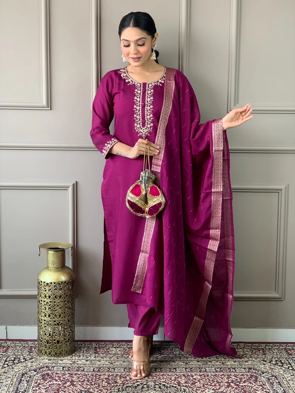 99 Fashion Bazaar Straight Kurti Set with Dupatta in Viscose Chanderi Fabric with Embroidery.  - Mardi Gras, L