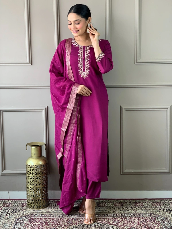 99 Fashion Bazaar Straight Kurti Set with Dupatta in Viscose Chanderi Fabric with Embroidery.  - Mardi Gras, L