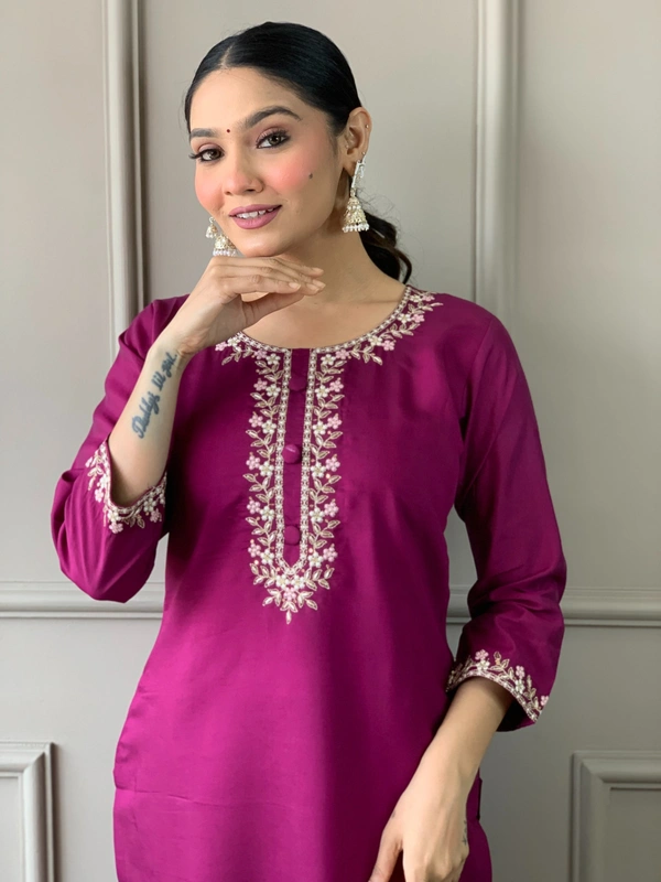 99 Fashion Bazaar Straight Kurti Set with Dupatta in Viscose Chanderi Fabric with Embroidery.  - Mardi Gras, L