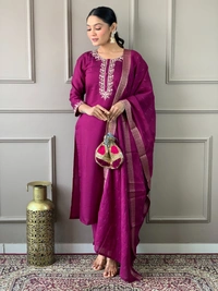 99 Fashion Bazaar Straight Kurti Set with Dupatta in Viscose Chanderi Fabric with Embroidery.  - Mardi Gras, L