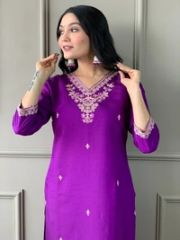 99 Fashion Bazaar Straight Kurti Set in Viscose Chanderi with Embroidery Neck Yoke and Dupatta. - Finn, XL