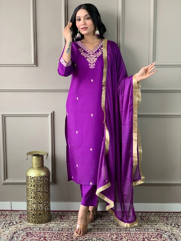 99 Fashion Bazaar Straight Kurti Set in Viscose Chanderi with Embroidery Neck Yoke and Dupatta. - Finn, XL