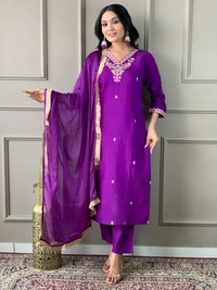 99 Fashion Bazaar Straight Kurti Set in Viscose Chanderi with Embroidery Neck Yoke and Dupatta. - Finn, XL
