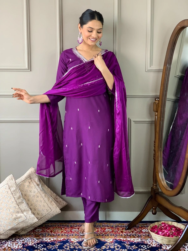 99 Fashion Bazaar Emborierded Kurti Set in Rayon with Embroidery Neck Yoke and Dupatta.  - Ripe Plum, XL