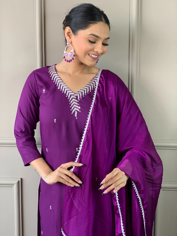 99 Fashion Bazaar Emborierded Kurti Set in Rayon with Embroidery Neck Yoke and Dupatta.  - Ripe Plum, M
