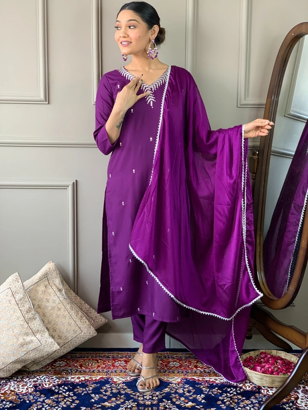 99 Fashion Bazaar Emborierded Kurti Set in Rayon with Embroidery Neck Yoke and Dupatta.  - Ripe Plum, L