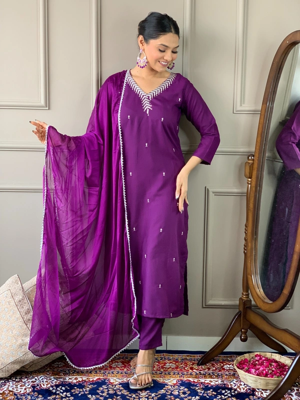 99 Fashion Bazaar Emborierded Kurti Set in Rayon with Embroidery Neck Yoke and Dupatta.  - Ripe Plum, XL