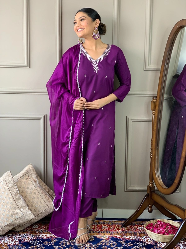 99 Fashion Bazaar Emborierded Kurti Set in Rayon with Embroidery Neck Yoke and Dupatta.  - Ripe Plum, XXL