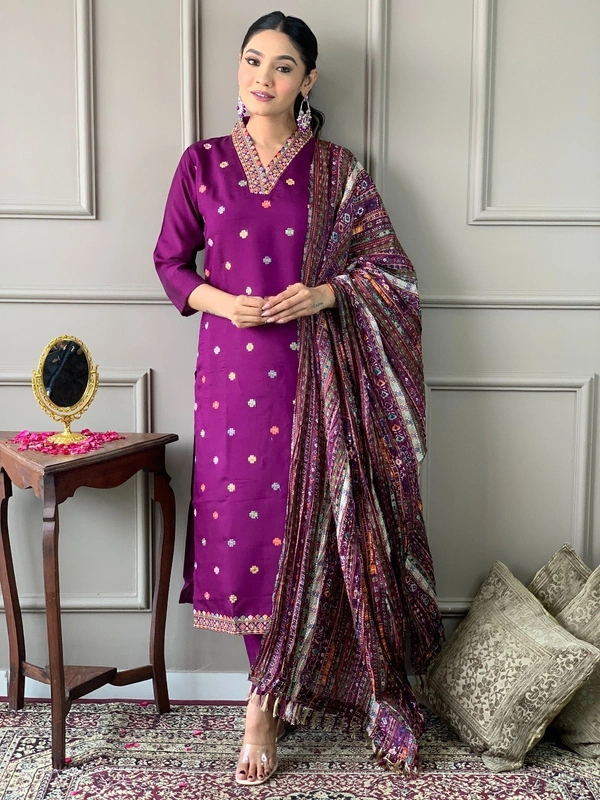 99 Fashion Bazaar Women's Straight Kurti Set in Chanderi with Embroidery and Printed Dupatta.  - Purple, L