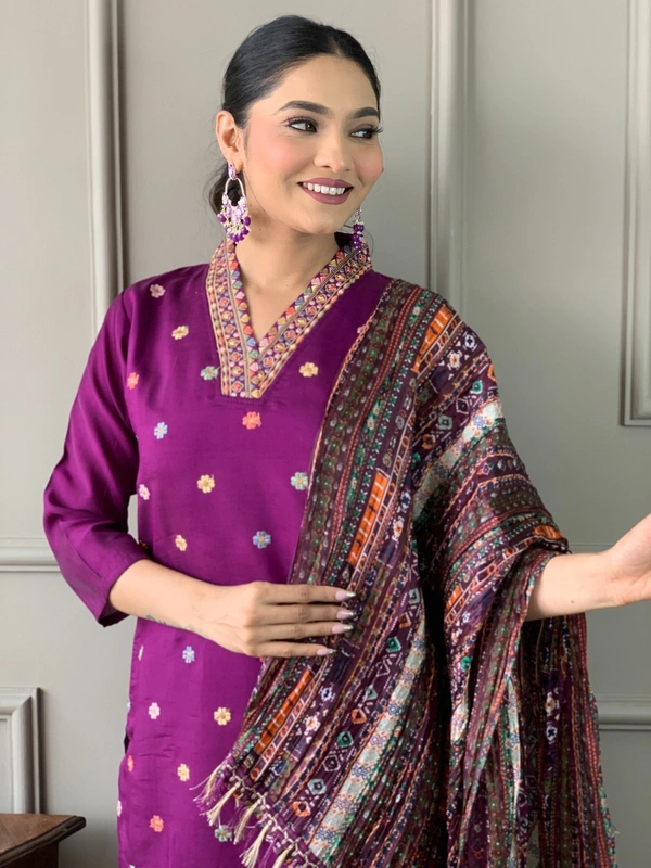 99 Fashion Bazaar Women's Straight Kurti Set in Chanderi with Embroidery and Printed Dupatta.  - Purple, L