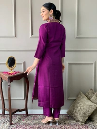 99 Fashion Bazaar Women's Straight Kurti Set in Chanderi with Embroidery and Printed Dupatta.  - Purple, L