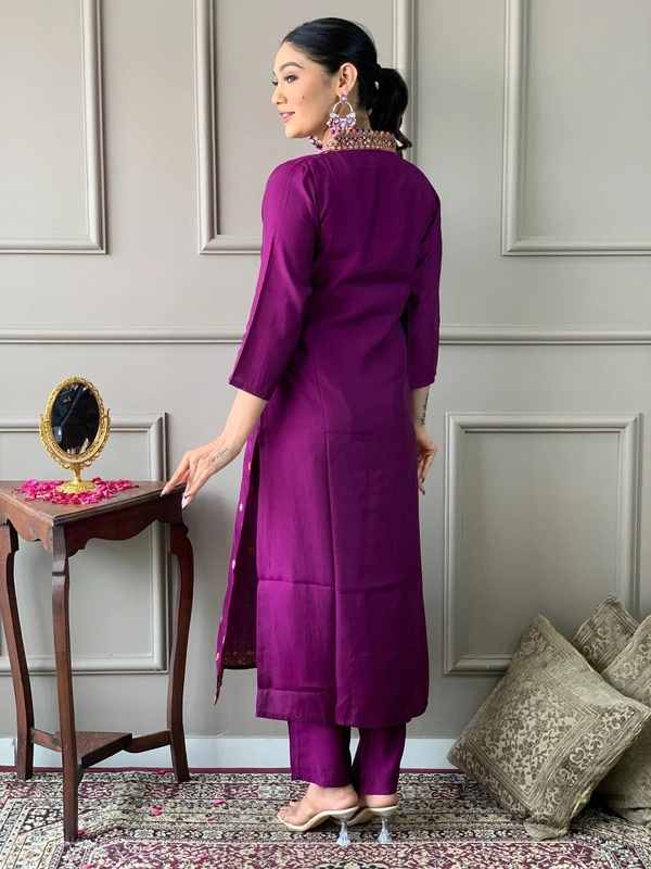 99 Fashion Bazaar Women's Straight Kurti Set in Chanderi with Embroidery and Printed Dupatta.  - Purple, L