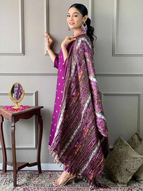99 Fashion Bazaar Women's Straight Kurti Set in Chanderi with Embroidery and Printed Dupatta.  - Purple, L