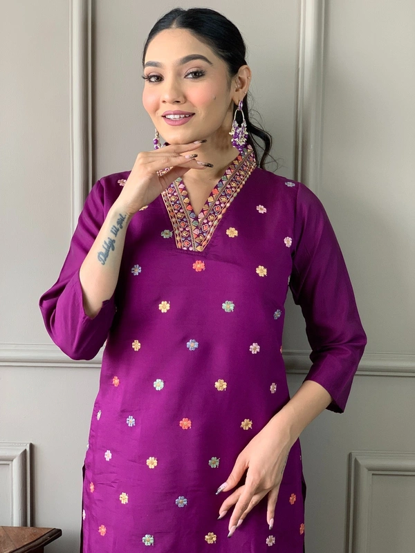 99 Fashion Bazaar Women's Straight Kurti Set in Chanderi with Embroidery and Printed Dupatta.  - Purple, L