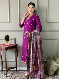 99 Fashion Bazaar Women's Straight Kurti Set in Chanderi with Embroidery and Printed Dupatta.  - Purple, L