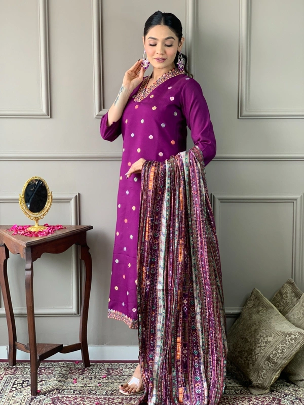 99 Fashion Bazaar Women's Straight Kurti Set in Chanderi with Embroidery and Printed Dupatta.  - Purple, L
