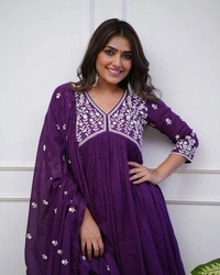 99 Fashion Bazaar Wedding Emboridery Alia Cut Kurti Set in Vichitra Silk Fabric with Dupatta.  - Pompadour, S