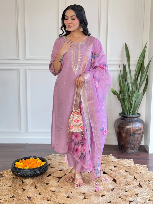 99 Fashion Bazaar Women Embroidered Chanderi & Jacquard Butti Dupatta Set - Light Orchid, S