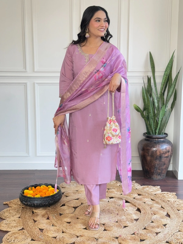 99 Fashion Bazaar Women Embroidered Chanderi & Jacquard Butti Dupatta Set - Light Orchid, S