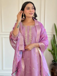 99 Fashion Bazaar Women Embroidered Chanderi & Jacquard Butti Dupatta Set - Light Orchid, S