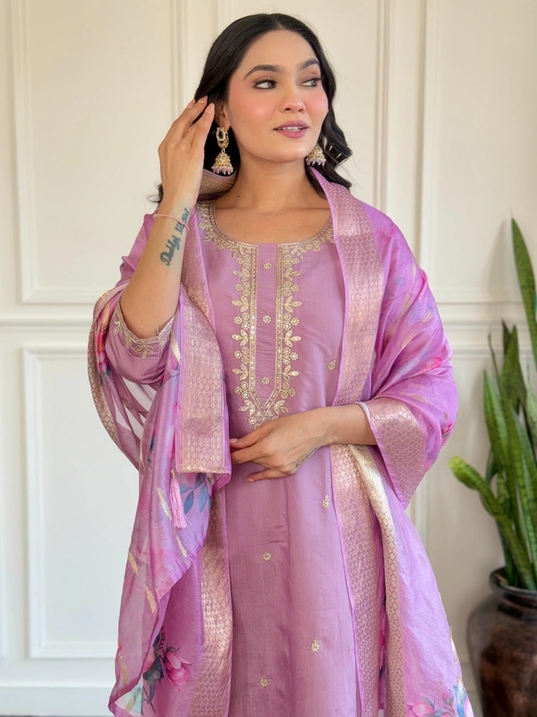 99 Fashion Bazaar Women Embroidered Chanderi & Jacquard Butti Dupatta Set - Light Orchid, S