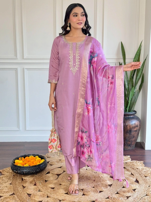 99 Fashion Bazaar Women Embroidered Chanderi & Jacquard Butti Dupatta Set - Light Orchid, S