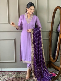 99 Fashion Bazaar Women Embroidered Viscose Silk Blend kurta Pant Dupatta set - Electric Violet, XL