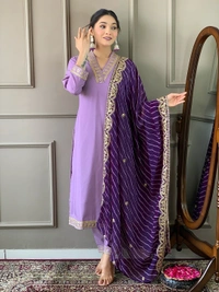 99 Fashion Bazaar Women Embroidered Viscose Silk Blend kurta Pant Dupatta set - Electric Violet, XL