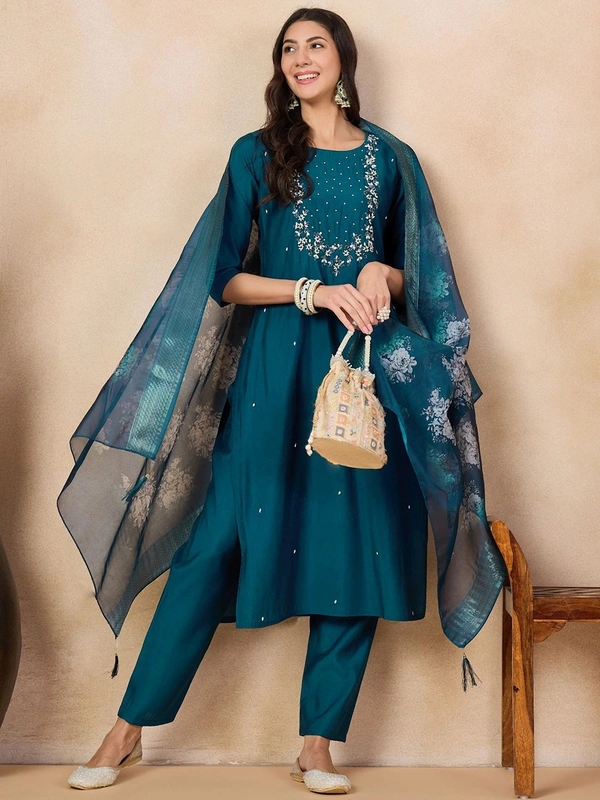 99 Fashion Bazaar Straight Kurti Set in Viscose Chanderi with Embroidery Neck Yoke and Printed Dupatta.  - Chathams Blue, XXL