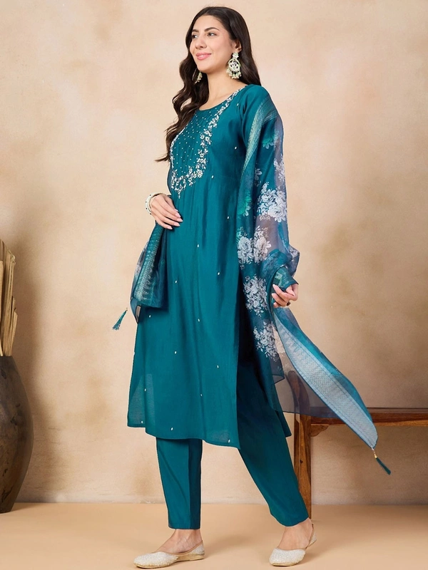99 Fashion Bazaar Straight Kurti Set in Viscose Chanderi with Embroidery Neck Yoke and Printed Dupatta.  - Chathams Blue, XXL