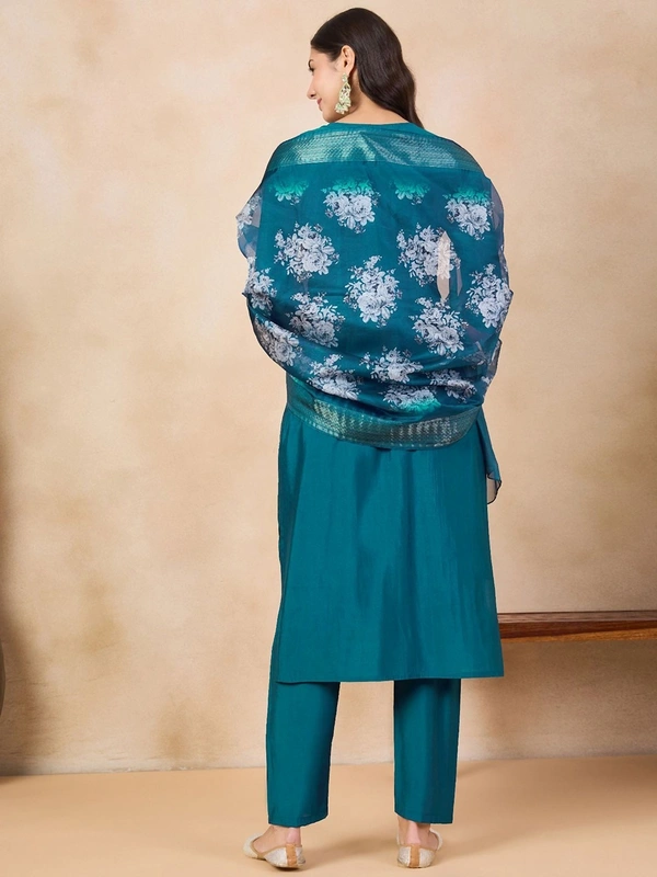 99 Fashion Bazaar Straight Kurti Set in Viscose Chanderi with Embroidery Neck Yoke and Printed Dupatta.  - Chathams Blue, XXL