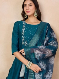 99 Fashion Bazaar Straight Kurti Set in Viscose Chanderi with Embroidery Neck Yoke and Printed Dupatta.  - Chathams Blue, XXL