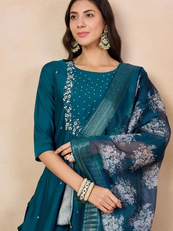 99 Fashion Bazaar Straight Kurti Set in Viscose Chanderi with Embroidery Neck Yoke and Printed Dupatta.  - Chathams Blue, XXL