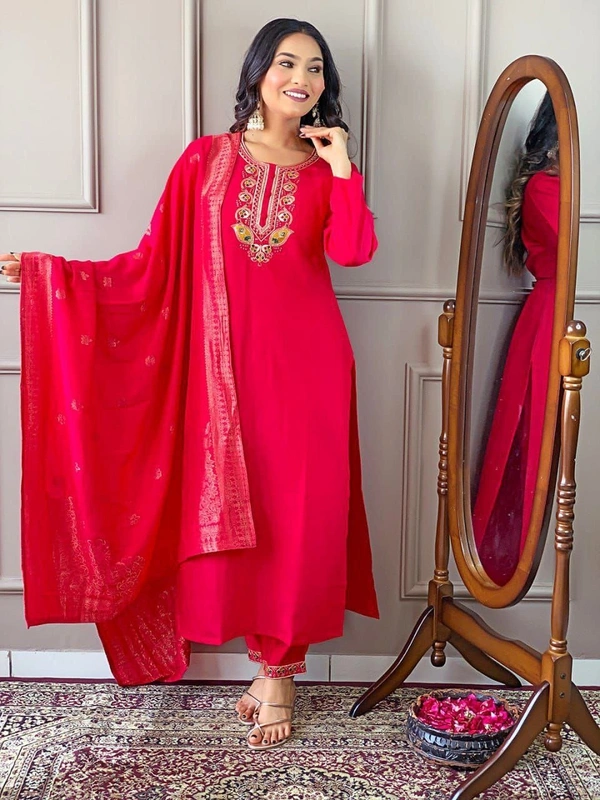99 Fashion Bazaar Kurti Set with Dupatta Embroidery and Handwork Details In Heavy Silk and Jacquard Dupatta - Red, L