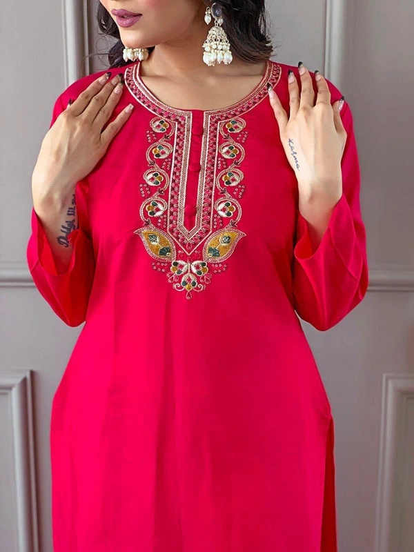 99 Fashion Bazaar Kurti Set with Dupatta Embroidery and Handwork Details In Heavy Silk and Jacquard Dupatta - Red, L