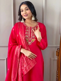 99 Fashion Bazaar Kurti Set with Dupatta Embroidery and Handwork Details In Heavy Silk and Jacquard Dupatta - Red, L