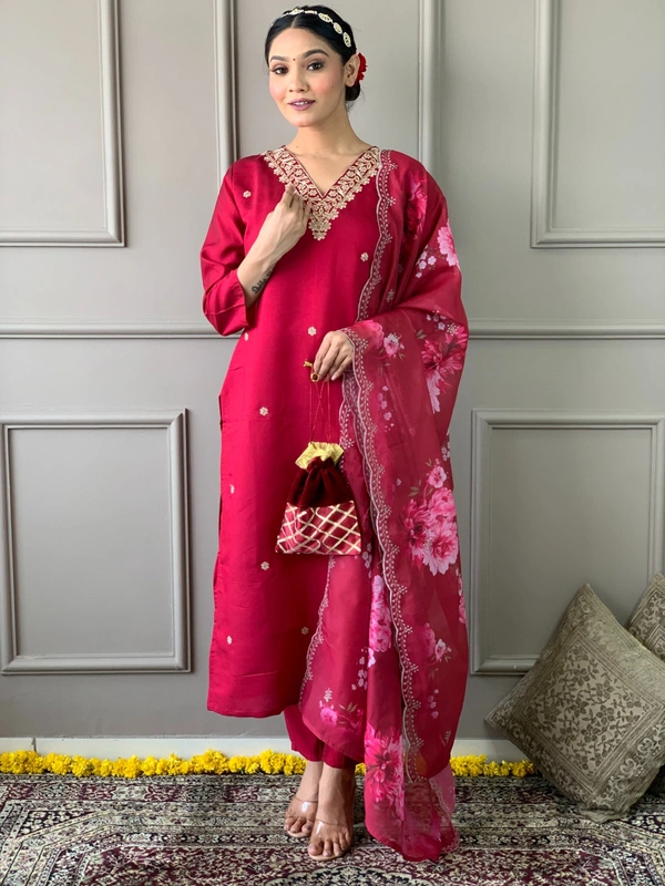 99 Fashion Bazaar Straight Kurti Set in Chanderi with Embroidery Neck Yoke and Printed Dupatta.  - Maroon, XXL