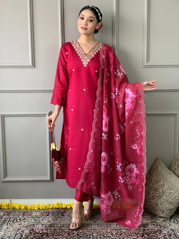 99 Fashion Bazaar Straight Kurti Set in Chanderi with Embroidery Neck Yoke and Printed Dupatta.  - Maroon, XL