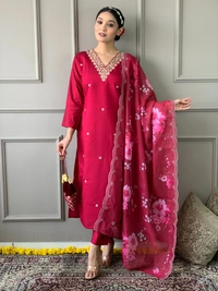 99 Fashion Bazaar Straight Kurti Set in Chanderi with Embroidery Neck Yoke and Printed Dupatta.  - Maroon, L