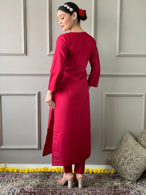 99 Fashion Bazaar Straight Kurti Set in Chanderi with Embroidery Neck Yoke and Printed Dupatta.  - Maroon, S