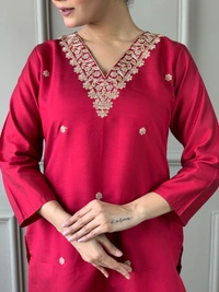 99 Fashion Bazaar Straight Kurti Set in Chanderi with Embroidery Neck Yoke and Printed Dupatta.  - Maroon, S