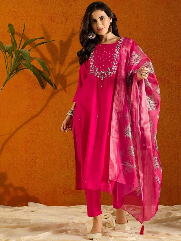 99 Fashion Bazaar Straight Kurti Set in Viscose Chanderi with Embroidery Neck Yoke and Printed Dupatta.  - Bright Red, L