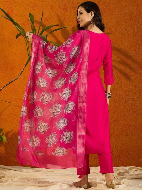 99 Fashion Bazaar Straight Kurti Set in Viscose Chanderi with Embroidery Neck Yoke and Printed Dupatta.  - Bright Red, XL