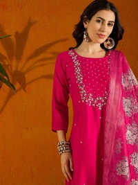 99 Fashion Bazaar Straight Kurti Set in Viscose Chanderi with Embroidery Neck Yoke and Printed Dupatta.  - Bright Red, XL