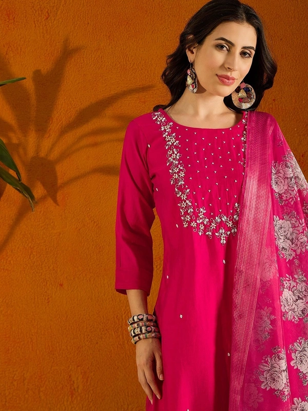 99 Fashion Bazaar Straight Kurti Set in Viscose Chanderi with Embroidery Neck Yoke and Printed Dupatta.  - Bright Red, M
