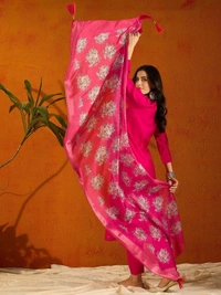 99 Fashion Bazaar Straight Kurti Set in Viscose Chanderi with Embroidery Neck Yoke and Printed Dupatta.  - Bright Red, XL