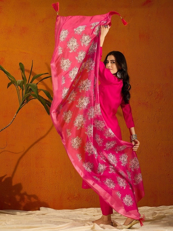 99 Fashion Bazaar Straight Kurti Set in Viscose Chanderi with Embroidery Neck Yoke and Printed Dupatta.  - Bright Red, S