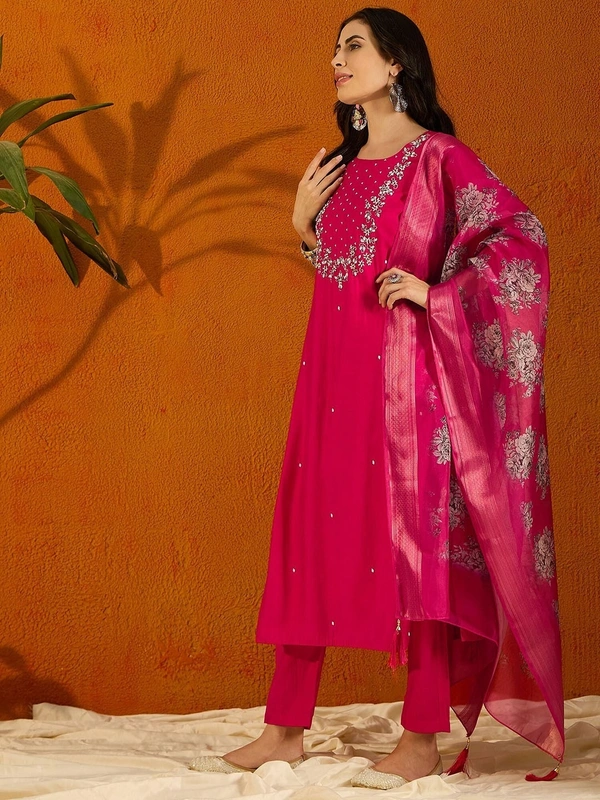 99 Fashion Bazaar Straight Kurti Set in Viscose Chanderi with Embroidery Neck Yoke and Printed Dupatta.  - Bright Red, L